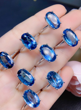 S925银伦敦蓝托帕石戒指女日韩简约时尚气质款蓝色水晶开口指环