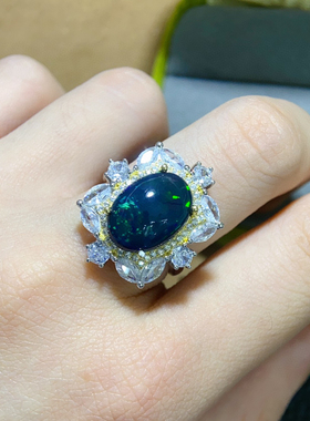 活圈 s925银镀白金大颗粒澳洲黑欧泊戒指 女朋友圈礼物超美