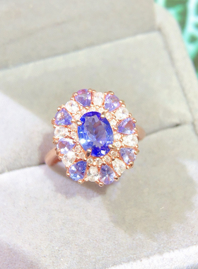 母亲节礼物天然坦桑石戒指妖艳紫 全净体爆闪火彩925银精工镶嵌