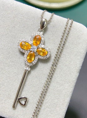 s925银镀金镶嵌天然黄蓝宝四季豆吊坠项链锁骨链女款时尚百搭