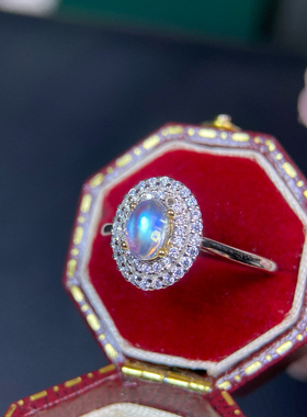 天然月光石戒指精品玻璃体微棉颗颗强蓝光活口925银精工镶嵌