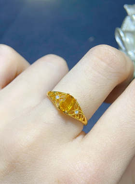 纯天然黄蓝宝戒指 女开口可调节 超粉嫩晶体通透5A级宝石纯银镶嵌
