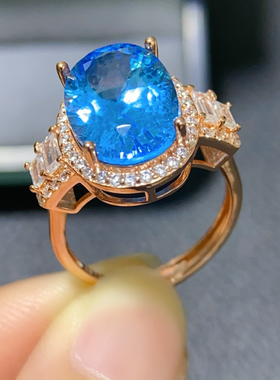 天然托帕石蓝戒指女宝石银指环戒子首生日送女友礼原石