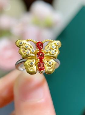 天然红色蓝宝石戒指甜美蝴蝶结耳钉女清新甜美森系小众高级感