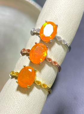 绚丽火欧泊戒指，晶体干净，冬日暖阳主石7*9mmS925银精工镶嵌