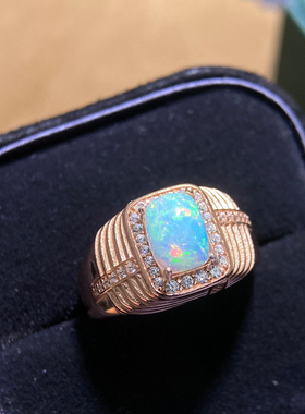 大克拉天然澳洲欧泊戒指男士纯银镶嵌钻石保真现货