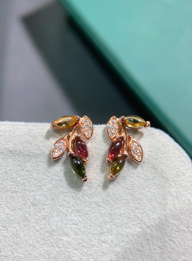 纯天然碧玺耳钉s925银镀双色电镀工艺 火彩好主石3*6mm