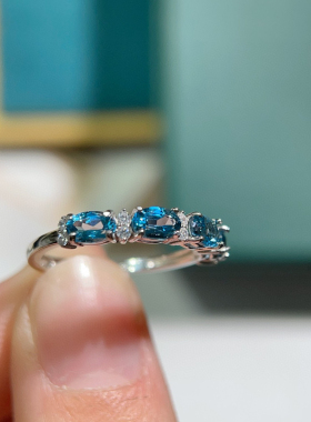天然托拍石戒指高净度满火彩5A蓝3*5mms925银精工镶嵌伦敦蓝