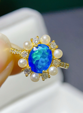 炫彩蓝欧泊戒指，绝美显白，主石6*8mm，S925银精工镶嵌