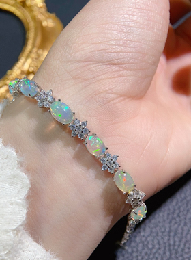 纯天然欧泊手链 晶体干净满满的火彩主石5*7mm