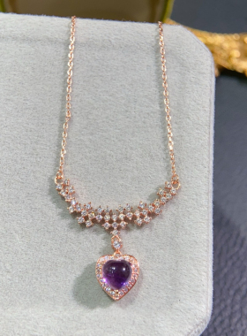 紫水晶吊坠纯天然紫水晶项链吊坠纯银女紫色宝石原石高档大气百搭