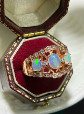 天然炫彩欧泊戒指女s925纯银镀18k金镶嵌活口轻奢小众ins指环礼物