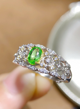 泰国宝石 天然沙弗来戒指女银镀18k金钻石镶嵌钻戒绿宝石定制