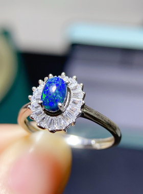 天然炫彩黑欧泊戒指都是满满的火彩大主石4*6mm 925纯银指圈活口