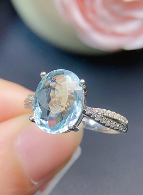 天然海蓝宝戒指晶体干净主石9*11mm值圈活口 不挑指围s925银镶嵌
