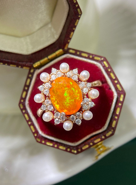 绚丽火欧泊戒指，晶体干净，主石8*10mm，S925银精工镶嵌