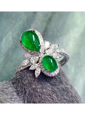 斯瓦特素面祖母绿戒指颜色辣绿款式石1.4ct钻石0.79ct 总重4.2克