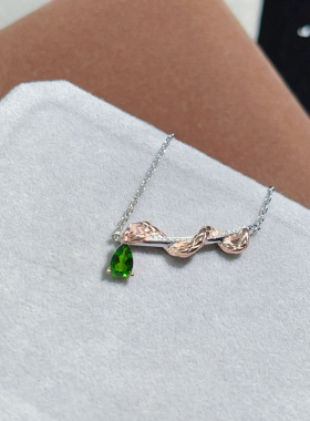 天然透辉石项链银电镀18层白金色玫瑰金尺寸4*6mm锁骨链