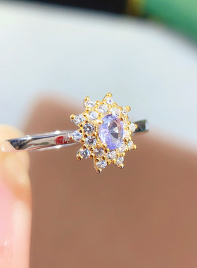 特惠925银镶天然坦桑石戒指 石尺寸3*4MM特惠小清新开口戒指