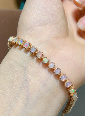 新款大气火彩超美925纯银3*4mm天然欧泊手链排链围手一周高贵超值