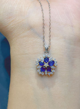 s925银镀金镶嵌天然蓝宝石吊坠项链锁骨链时尚百搭送女友礼物