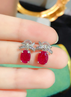 S925银镶泰国天然红宝石耳环耳扣精致时尚鸽血红宝石耳圈耳坠高级