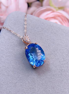 高品质天然伦敦蓝托帕石吊坠女925银日韩简约宝石项坠
