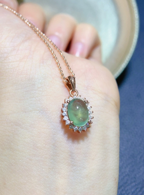 天然葡萄石吊坠 冰种起荧光晶体干净925银精工镶嵌8*10mm