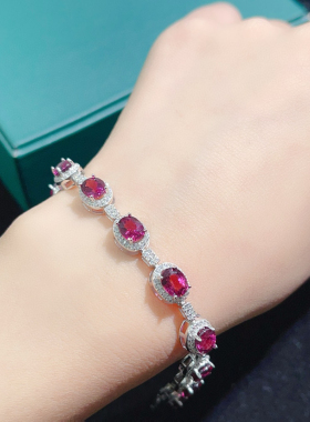 鸽血红天然镁铝石榴石手链女 银镶嵌紫牙乌奢华手饰彩宝现货