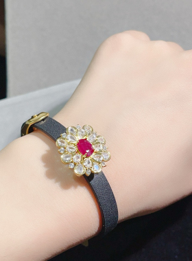 奢华重工镶钻天然红宝石手表带高级感腕带皮手链贝珠首饰女