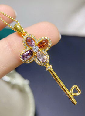 银镀18K彩金皇冠钥匙项链缅甸尖晶石吊坠钥匙吊坠珠宝定制