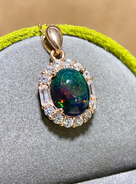 满火彩纯天然超美刻面黑欧泊吊坠 主石9*11mm 天然支持鉴定