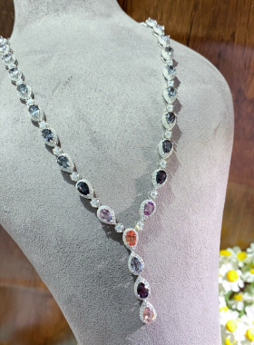 天然彩色尖晶石项链套链 礼服 s925银镶嵌项链 带证书复古