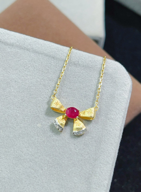 红宝石蝴蝶结天然鸽血红红宝石项链纯手工拉丝甜美原创设计闺蜜礼