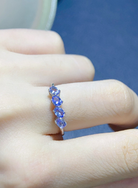 925银镀金天然坦桑石戒指3*4Mm排戒精致简约天然可鉴定