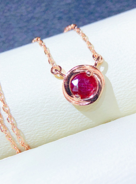 五月新 4MM天然红宝石项链银镀18K金女精致时尚 彩宝锁骨链