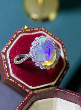 天然欧泊戒指女银镀18K金镶嵌钻石彩色宝石时尚个性指环送女友