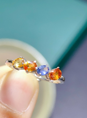 天然彩色蓝宝石戒指爆闪火彩主石3*4mm925银精工镶嵌宝石排戒