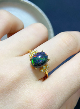 银饰戒指天然黑欧泊椭圆9*11mm横镶简约精致轻奢活口新款百搭秀气