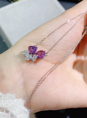 轻奢天然紫水晶甜美爱心项链鸽血红喜庆双心吊坠锁骨链ins风