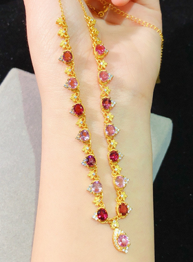 925银镀金镶嵌天然碧玺项链女款时尚百搭锁骨链颈饰送礼佳品