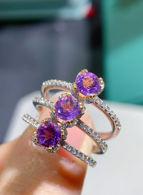 特惠新款天然紫水晶戒指浓郁紫色 圆5mm 开口戒指925银镀金