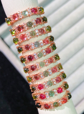 s925银镶嵌天然碧玺戒指天然彩虹碧玺排戒指时尚豪华款女戒