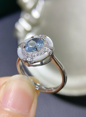 天然海蓝宝高级女戒s925纯银镀18k白金色镶嵌 天然宝石女开口