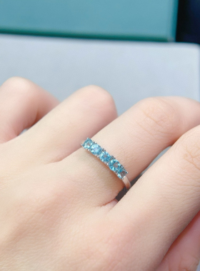 超美稀少纯美湖水蓝绿色磷灰石925纯银戒指开口可调节指圈