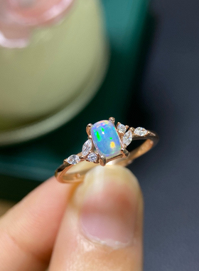 银镀18K金镶嵌天然欧泊戒指女彩宝澳宝石椭圆蛋面钻石指环时尚