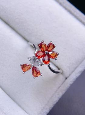 银饰戒指空托日韩时尚清新花朵戒面镶嵌椭圆3*4mm红蓝宝石