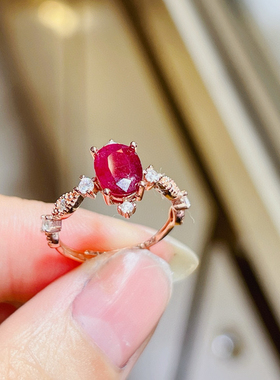 天然鸽血红红宝石戒指粒粒精品S925银精工镶嵌电镀18k工艺