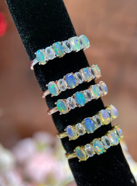 澳洲欧泊石女戒流行排戒火彩超棒复古是s925纯银镀18k金镶嵌活口