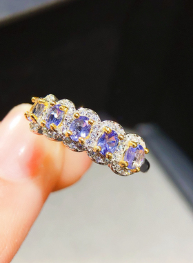 天然坦桑石戒指925银戒指坦桑石蓝色切面净体火彩好蓝宝石戒指